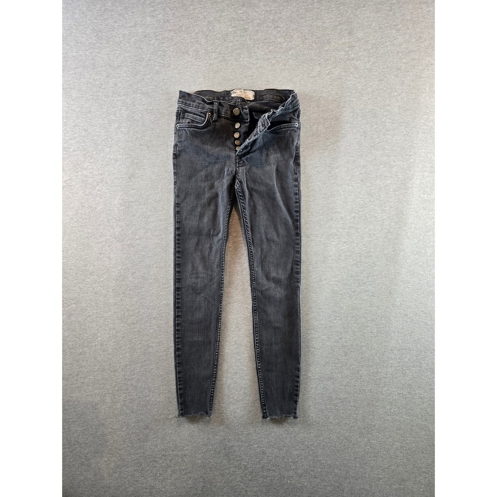 Free People Skinny Jeans Womens 25 Black High Rise Button Fly Raw Hem Boho Denim